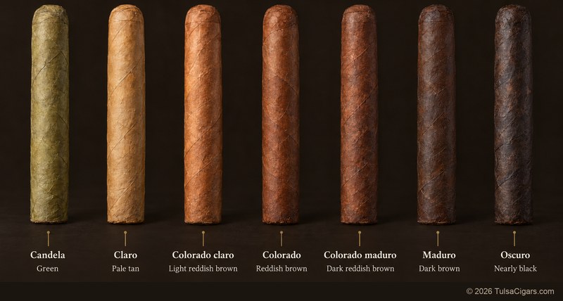 Seven cigars in wrapper shades from green candela, pale tan claro, light reddish brown colorado claro, reddish brown colorado, and dark reddish brown colorado maduro to dark brown maduro and nearly black oscuro.